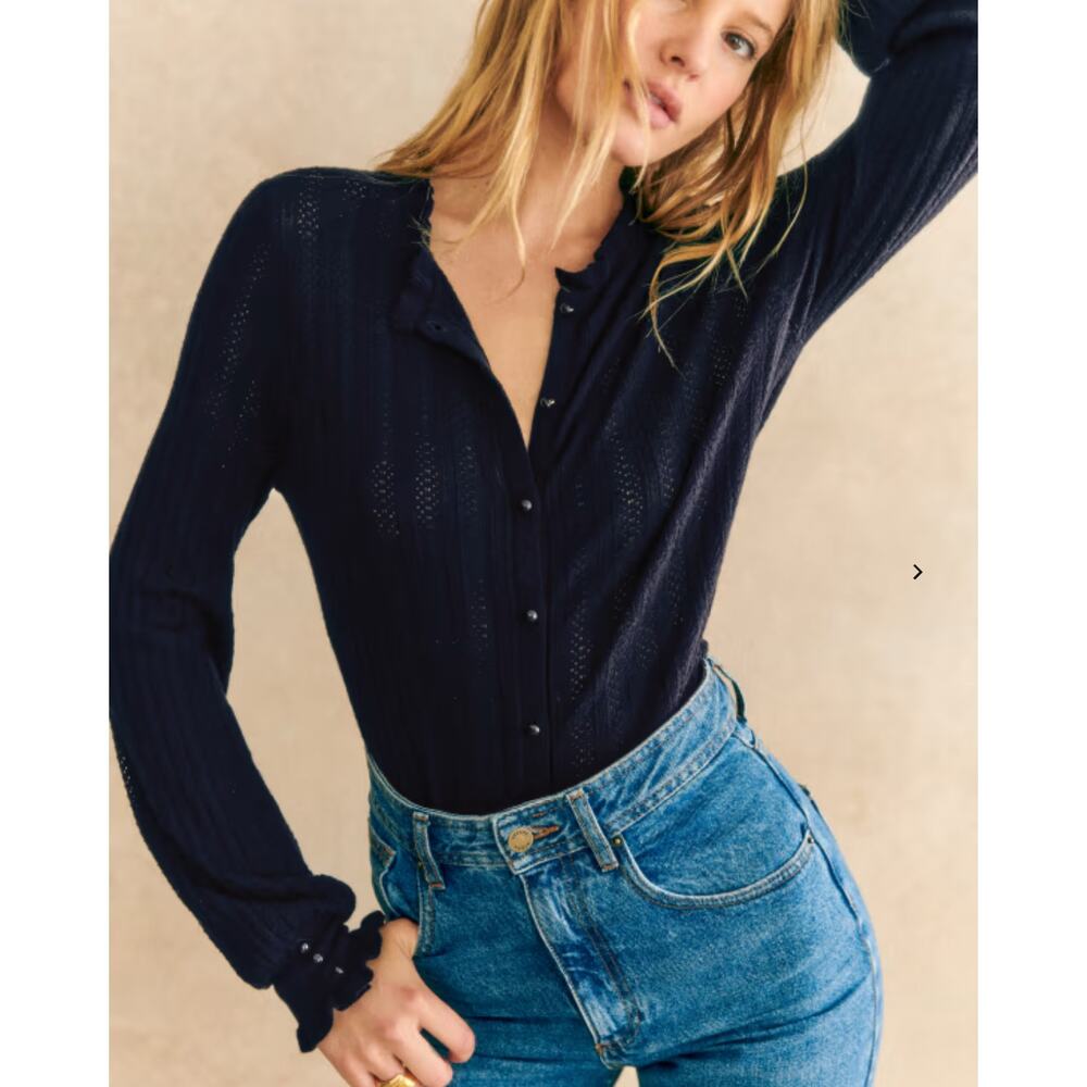 Sezane Louis navy blue merino cardigan sweater - Picture 9 of 12